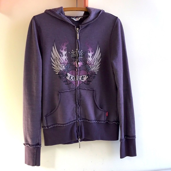 Hard Tail Tops - VTG Hard Tail Sz M hoodie mall goth purple roses crown LOVE  Wings Indie sleaze